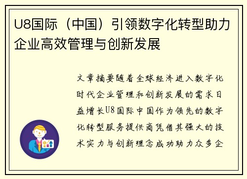 U8国际（中国）引领数字化转型助力企业高效管理与创新发展